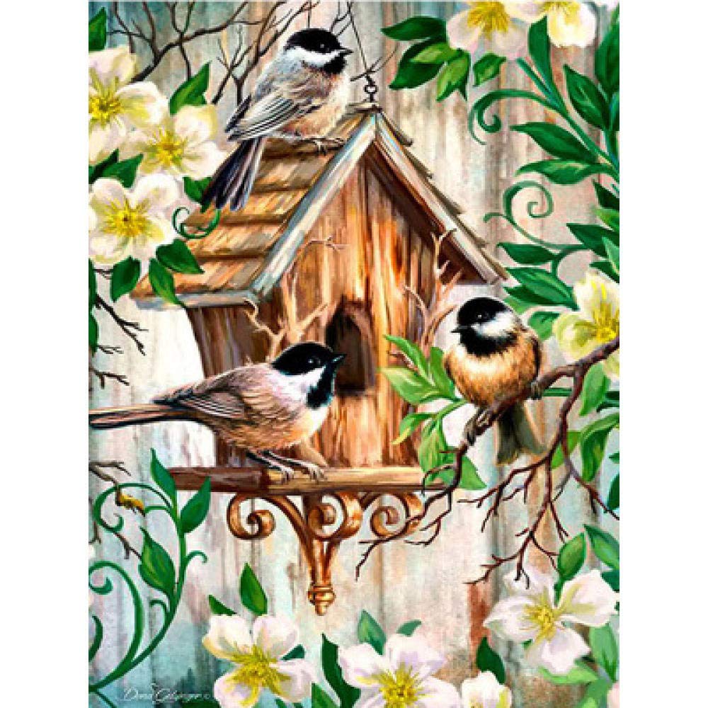 Kit broderie diamant 5D mosaïque maison d'oiseau fleurs toile 30x40cm