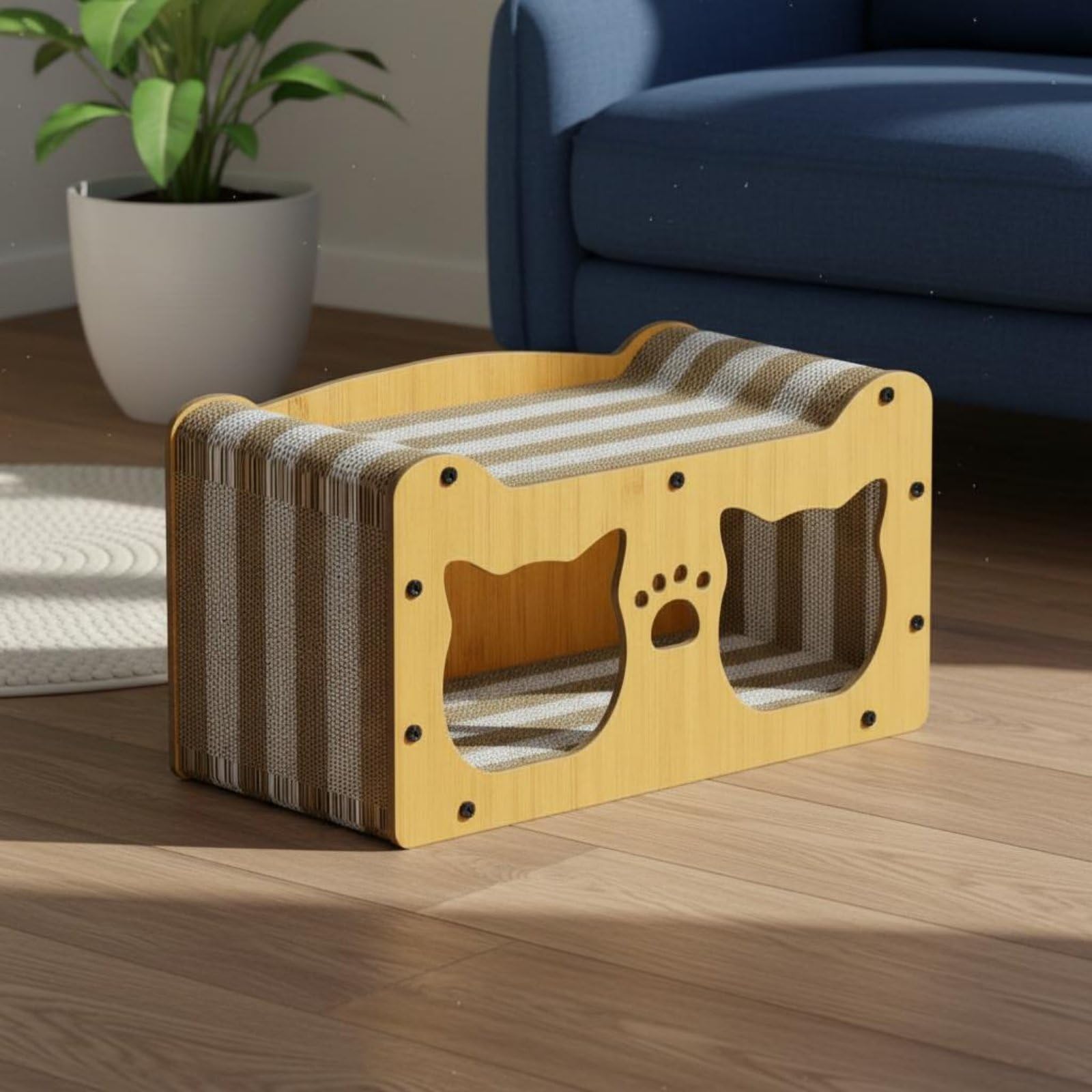 Jiuvaso Casa Tiragraffi per Gatti Rifugio Cuccia con Due Fori E Superficie Tiragraffi in Cartone Ondulato Struttura Stabile per Riposo E Adatta a Appartamenti, Bicolore, 56x30x29cm
