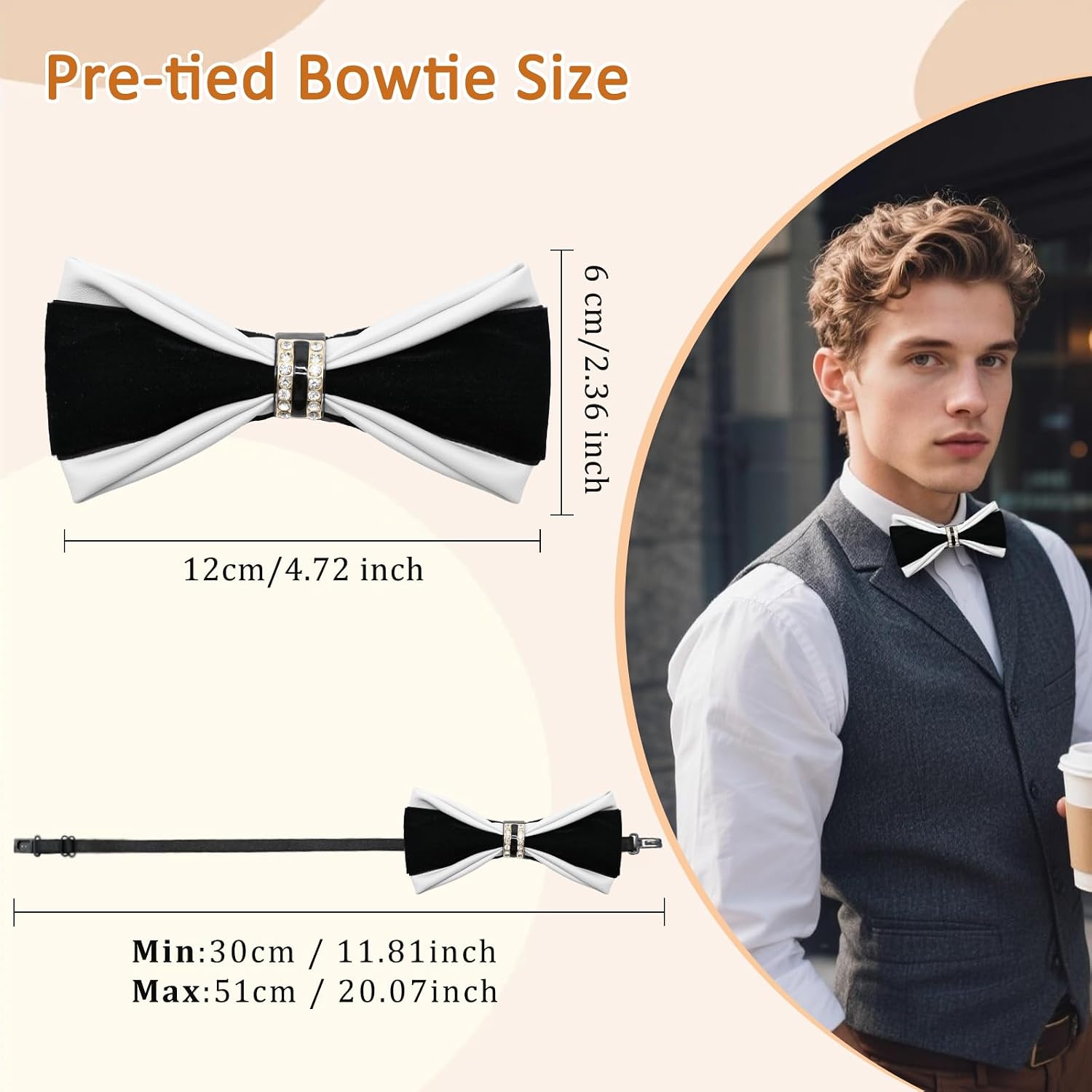 PU Leather Bowties Men, Pre-tied Bow Ties for Men with Rhinestone Velvet Mens Bow Tie for Wedding Party Tuxedo Daily