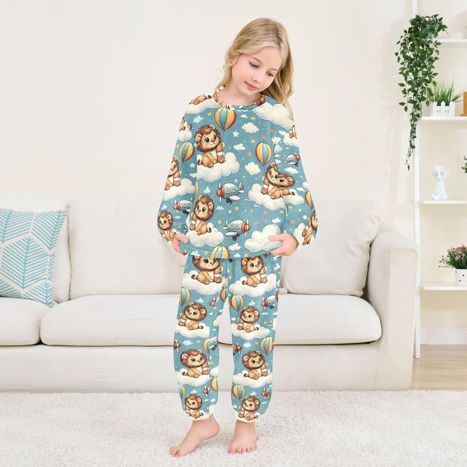 Kids Flannel Sets Cute Lion and Plane in Clouds Warm Plush Relaxed Clothing for Boys and Girls