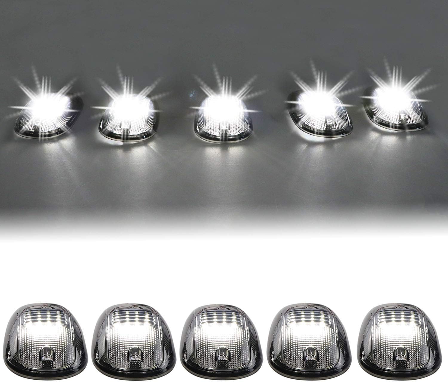 Tresound LED Cab Roof Marker Lights for 03-16 Dodge Ram 1500 2500 3500 with 5 in 1 Wire Harness (Smoked Lens with 16 White LEDs)