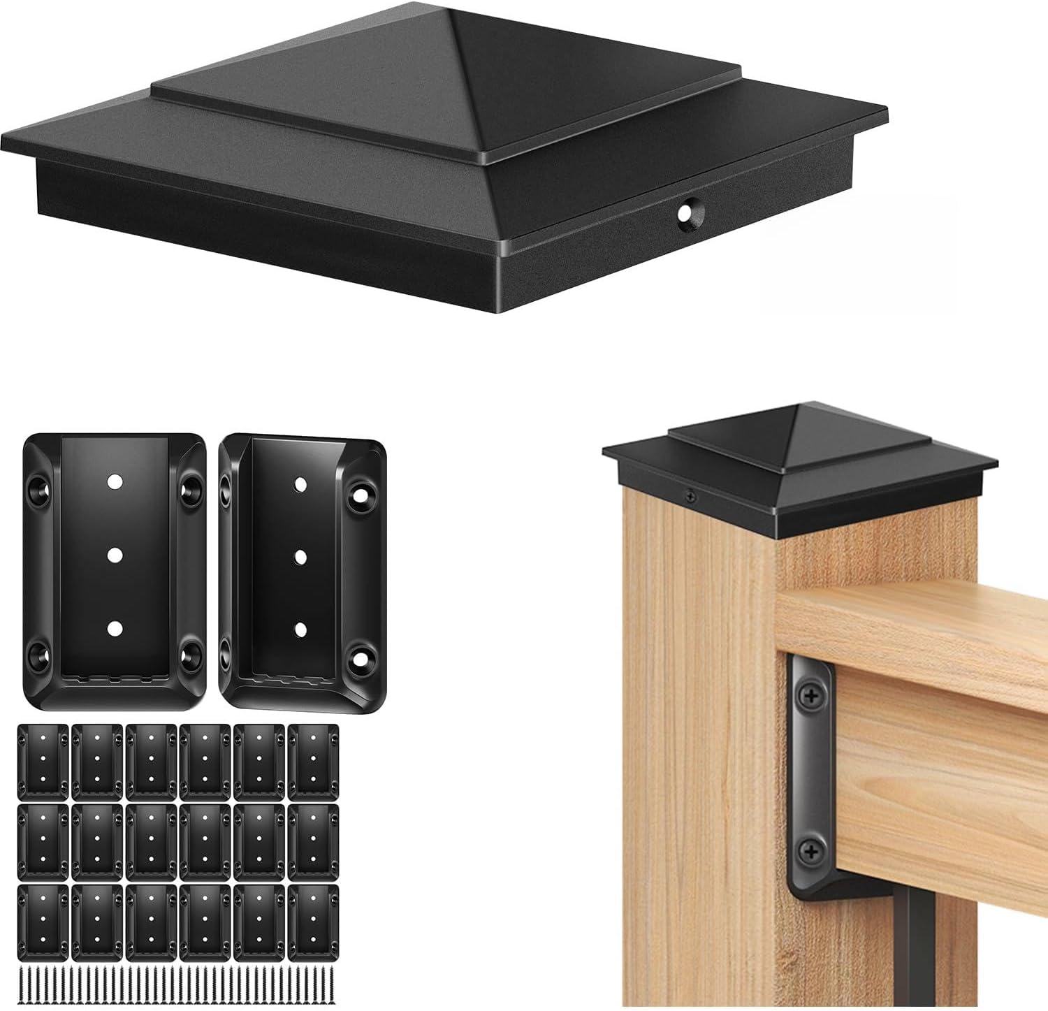 20 Pack Deck Railing Bracket for 2"x4" Wood Railings & 6 Pack 6x6 Aluminum Pyramid Post Caps for 5.5"x5.5" Wood Post – Durable, Powder-Coated, Includes Screws for Deck, Fence