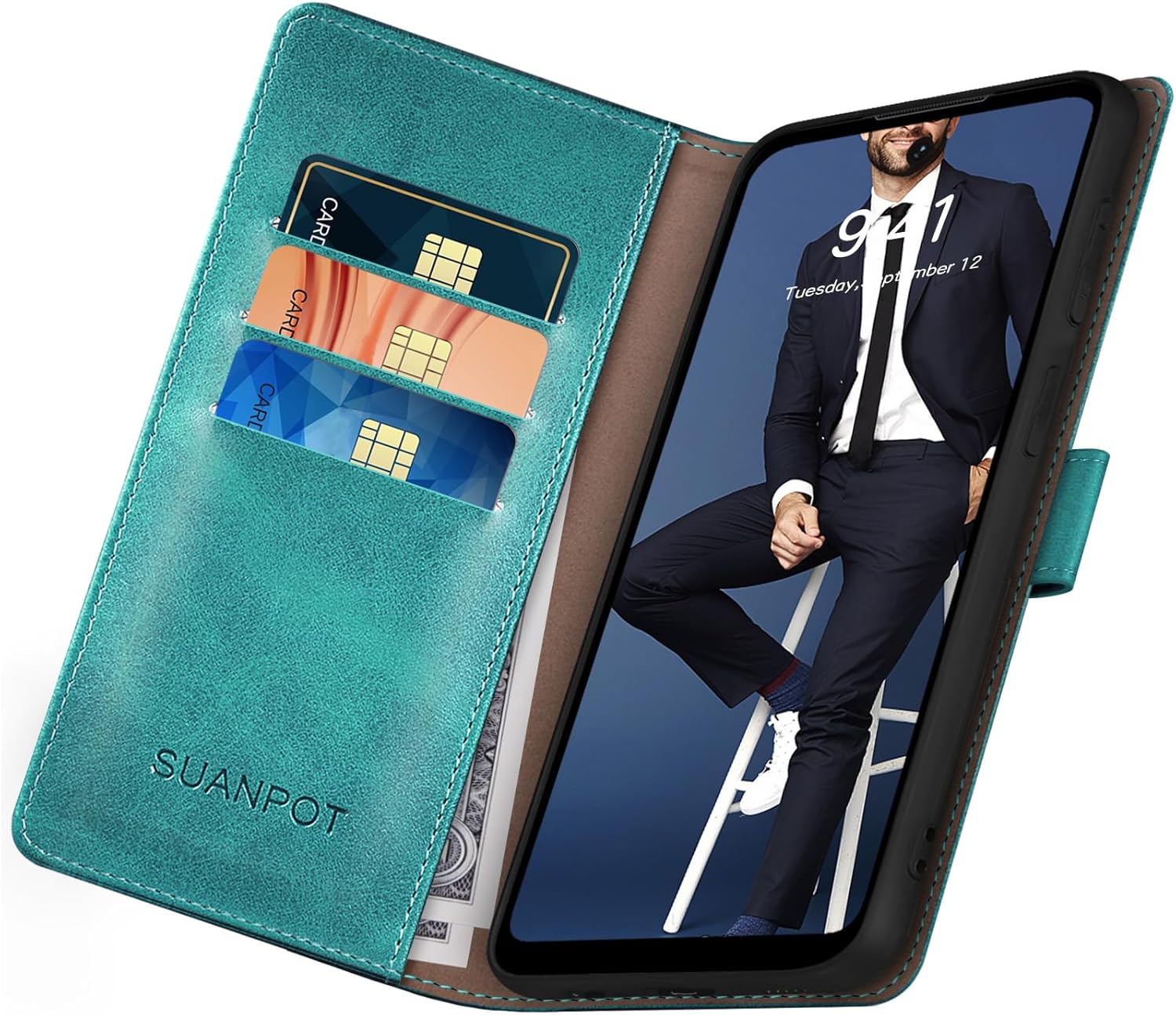 SUANPOT for Motorola Moto G 5G 2023 Wallet case 【RFID Blocking】 Credit Card Holder, Flip Folio Book PU Leather Phone case Shockproof Cover Women Men for MotoG 5G case Blue Green