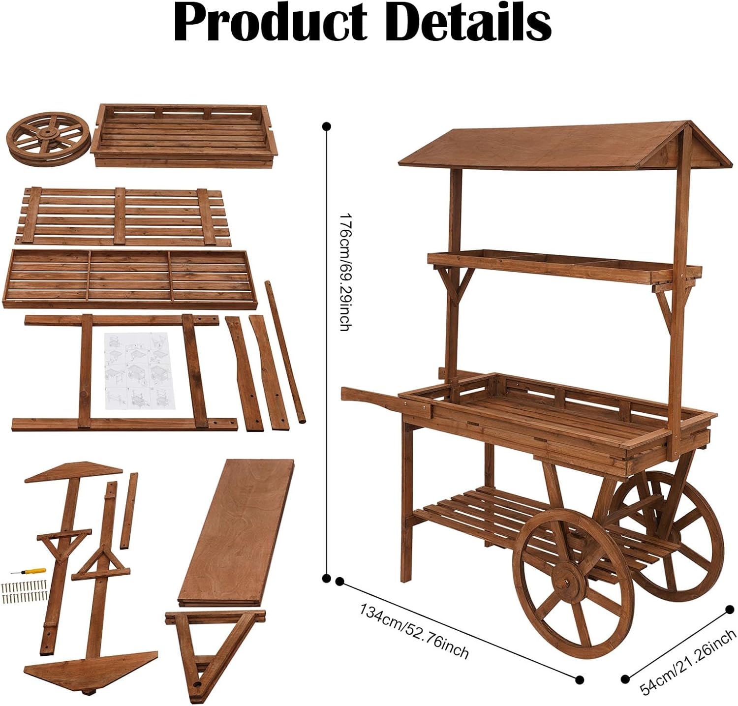Candy Cart, Display Stand with Wheels, Retro Vintage Dessert Cart for Dessert Display, 3 Tier Rolling Table Carts for Display Flower Party Favors and Crafted Items (Brown)
