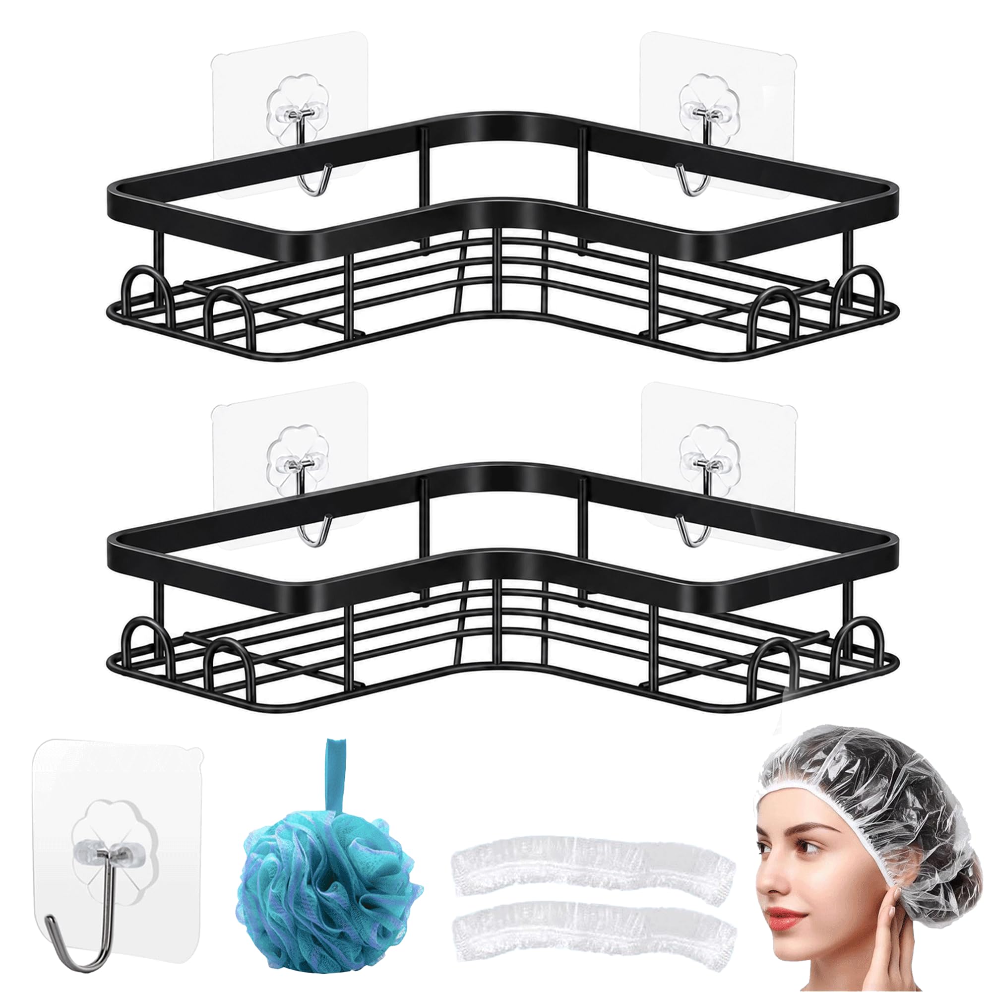 Corner Shower Caddy, 2 Pack Rustproof Shower Storage Organizer, Durable Bathroom Shelf with Spacious Capacity, Drill-Free Shower Shelf with Adjustable Hooks, Bath Puff, Shower Cap & Seamless Hook