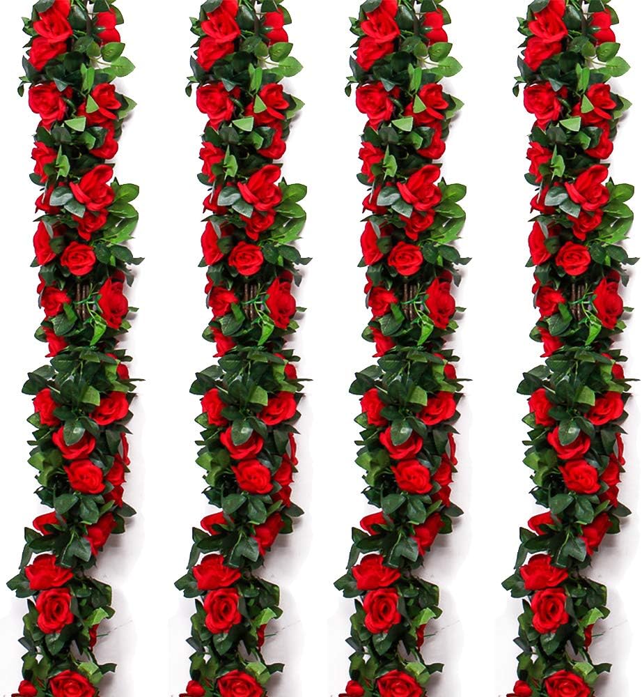 4Pcs 32.2 FT Fake Rose Vine Flowers Plants Artificial Flower Garland Hanging Rose Ivy Home Hotel Office Wedding Party Garden Craft Art Decor (Red)