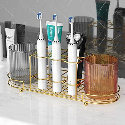 Miniatura 3 de Aolldy Portacepillos de dientes con 2 tazas  Soporte de pared para cepillos de dientes eléctrico de acero inoxidable dorado, soporte para maquinilla