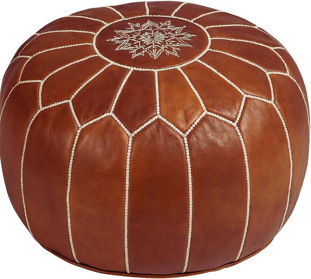 Stuffed Round Design Moroccan Leather Pouf Ottoman, Handmade, Pre-Filled, 100% Genuine Leather, 13” Height x 20” Diameter, Footstool & Living Room Décor (Dark Tan)
