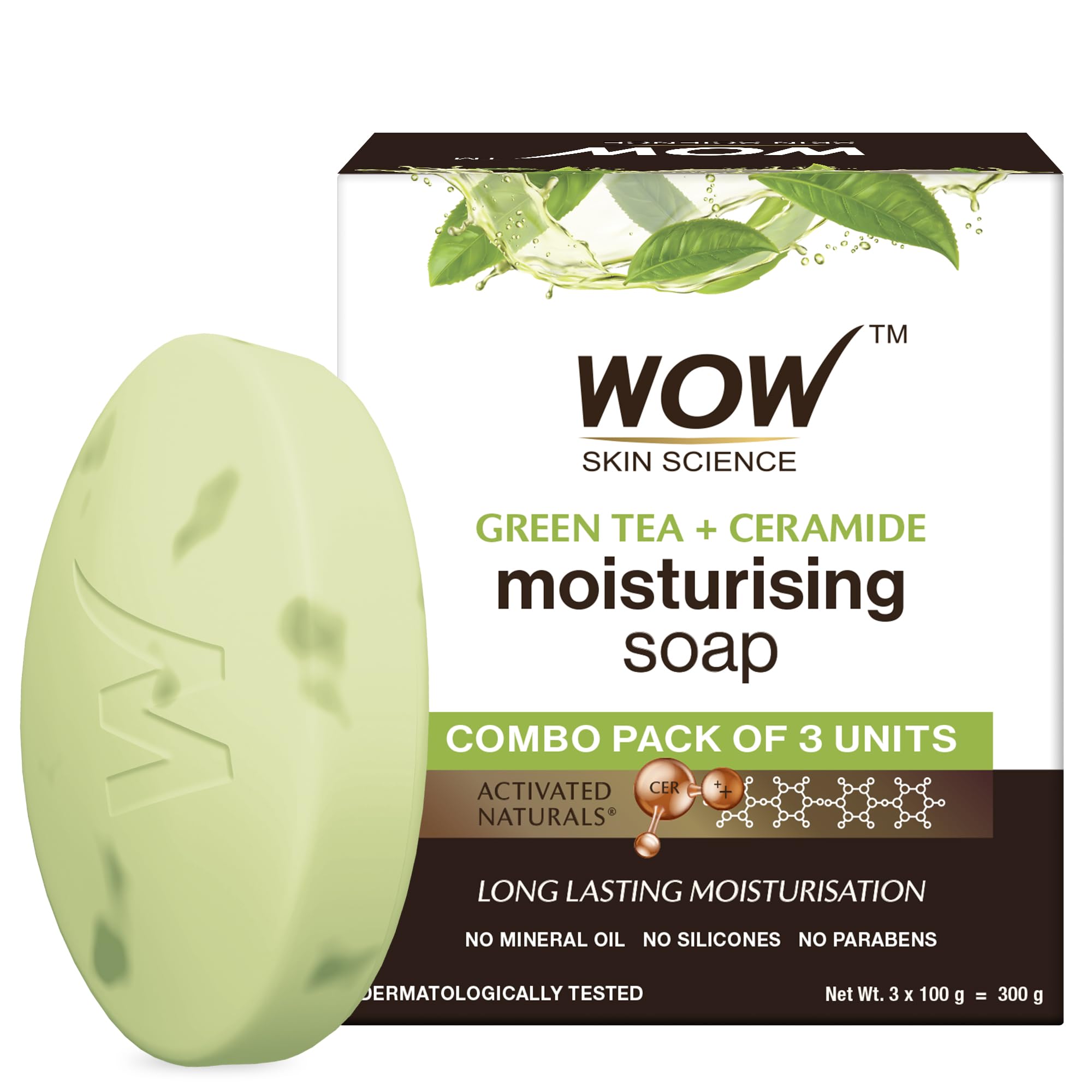 WOW Skin Science Green Tea & Ceramide Moisturizing Soap | Purifying Cleanser | Controls Body Acne | Hydrates & Conditions Skin | Neutralizes Body Odor | Smoothens Skin | Pack of 3