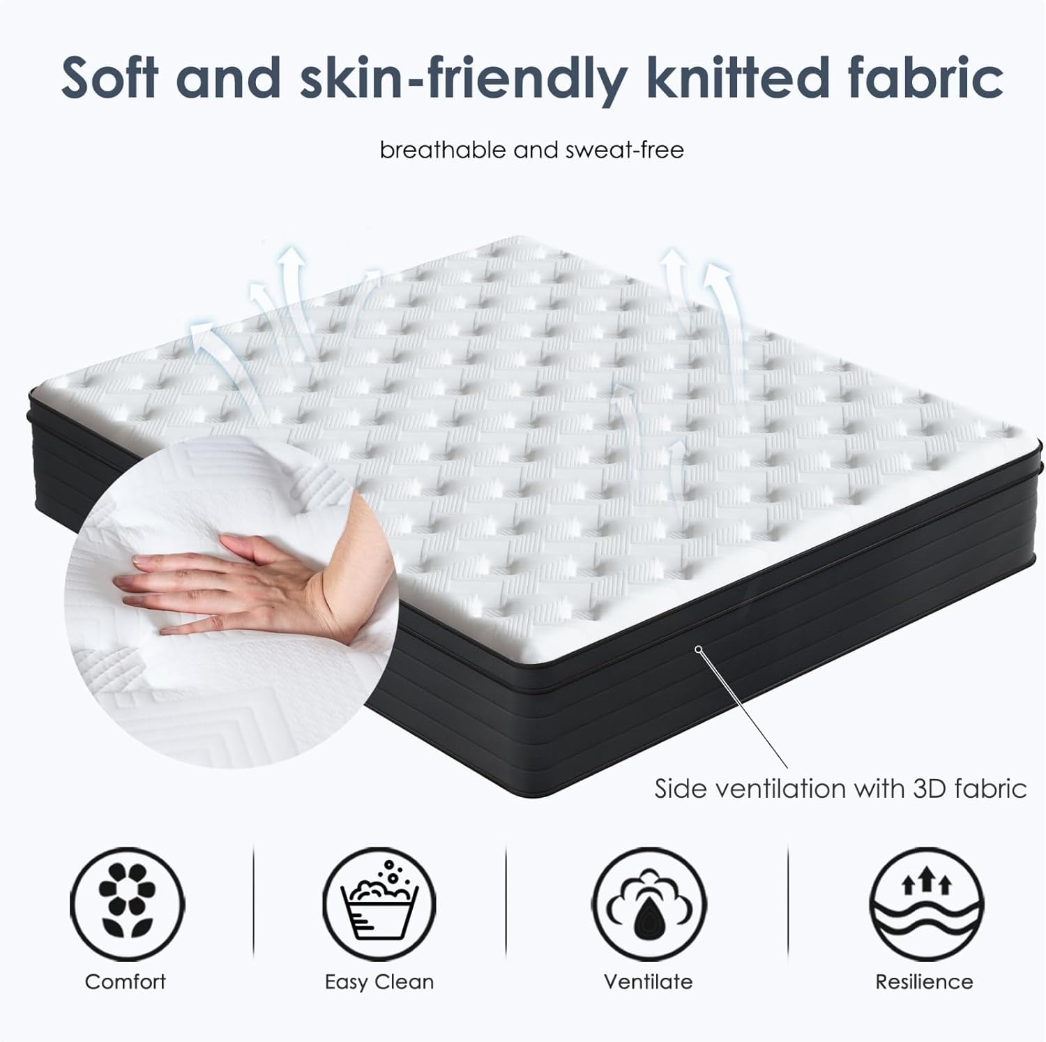Twin Size 8 Inch Hybrid Mattress, 3D Knitted Fabric Top + Cooling Memory Foam, Individually Wrapped Springs, Gel-Infused Memory Foam + Spring System, Zoned Spring Layers, Pain Relief, White