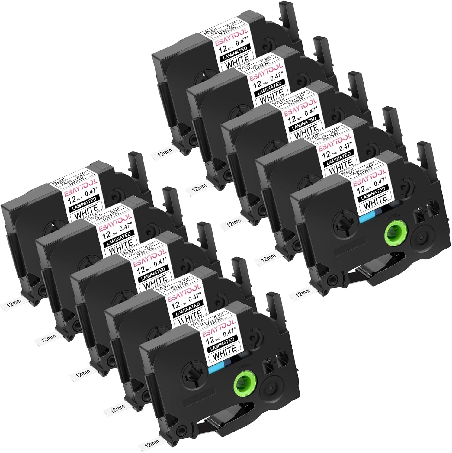10 Pack Esaytool Replacement for P-Touch TZe-231 TZe231 12mm 0.47" Black on White Laminated Label Tape for Ptouch PT-H110 PT-H100 PT-D210 PT-D200 PT-D600 PT-P710BT PT-D400AD PT-D450 Maker