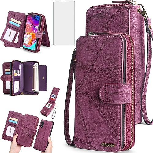 Miniatura 1 de Asuwish Funda de teléfono para Samsung Galaxy A70 con cremallera, funda desmontable con protector de pantalla y soporte de cuero para tarjetas,