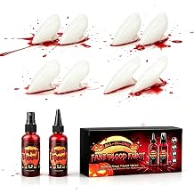 Vampire Teeth Fangs adult with Fake Blood Makeup Kit, 4 Sizes Fake Teeth for werewolf, 1 Fake Blood Spray and 1 Liquid Blood for Halloween Cosplay Makeup