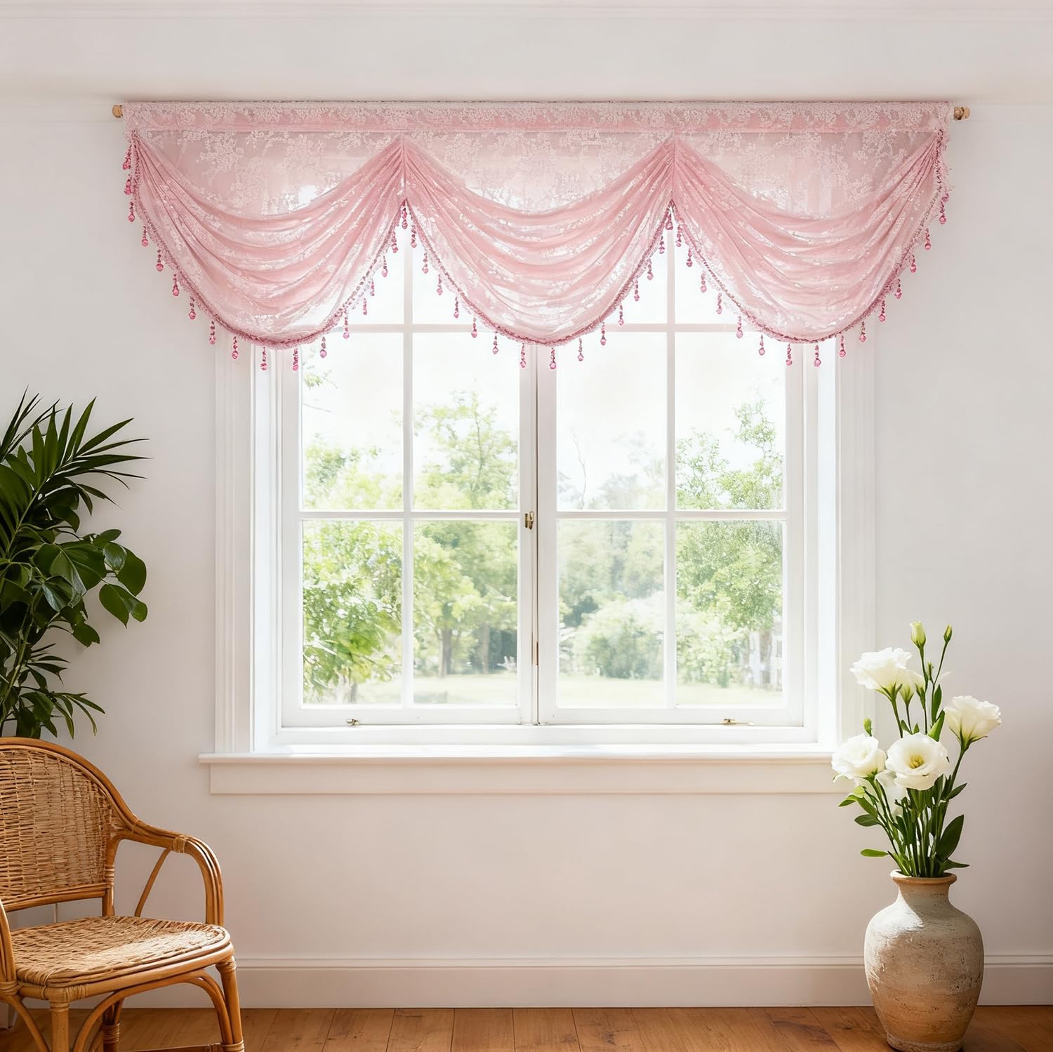 Princess Style Pink Floral Embroidered Waterfall Valance with Beads Elegant Sheer Curtain Valance for Kitchen Bathroom Bedroom Rod Pocket Top (Pink,W79 x L22 inches)