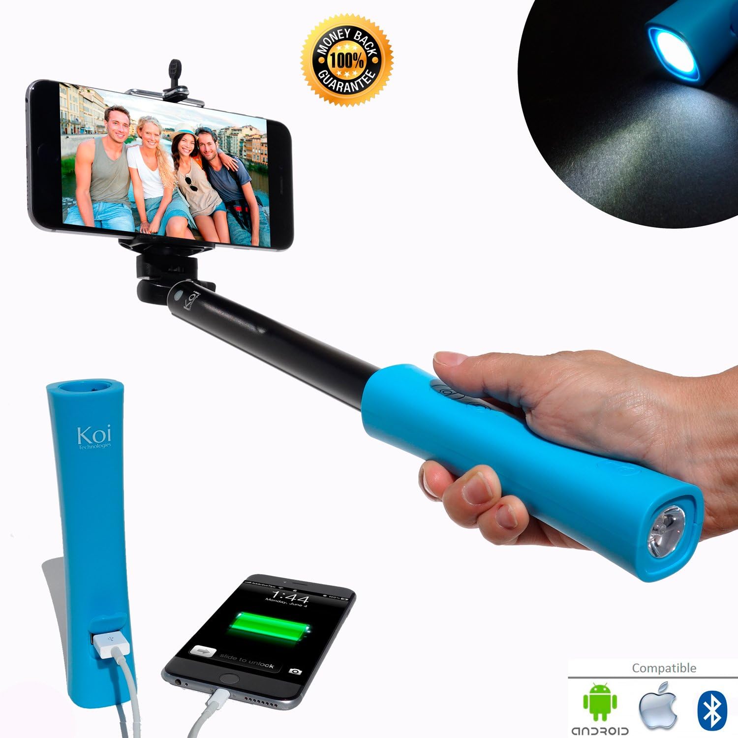 KoiTechnologies Selfie Stick Extendable Self Portrait Handheld Monopod with Portable Power Bank Charger LED Flashlight Bluetooth Remote Shutter for iOS Android iPhone Galaxy HTC Google Nexus (Blue)
