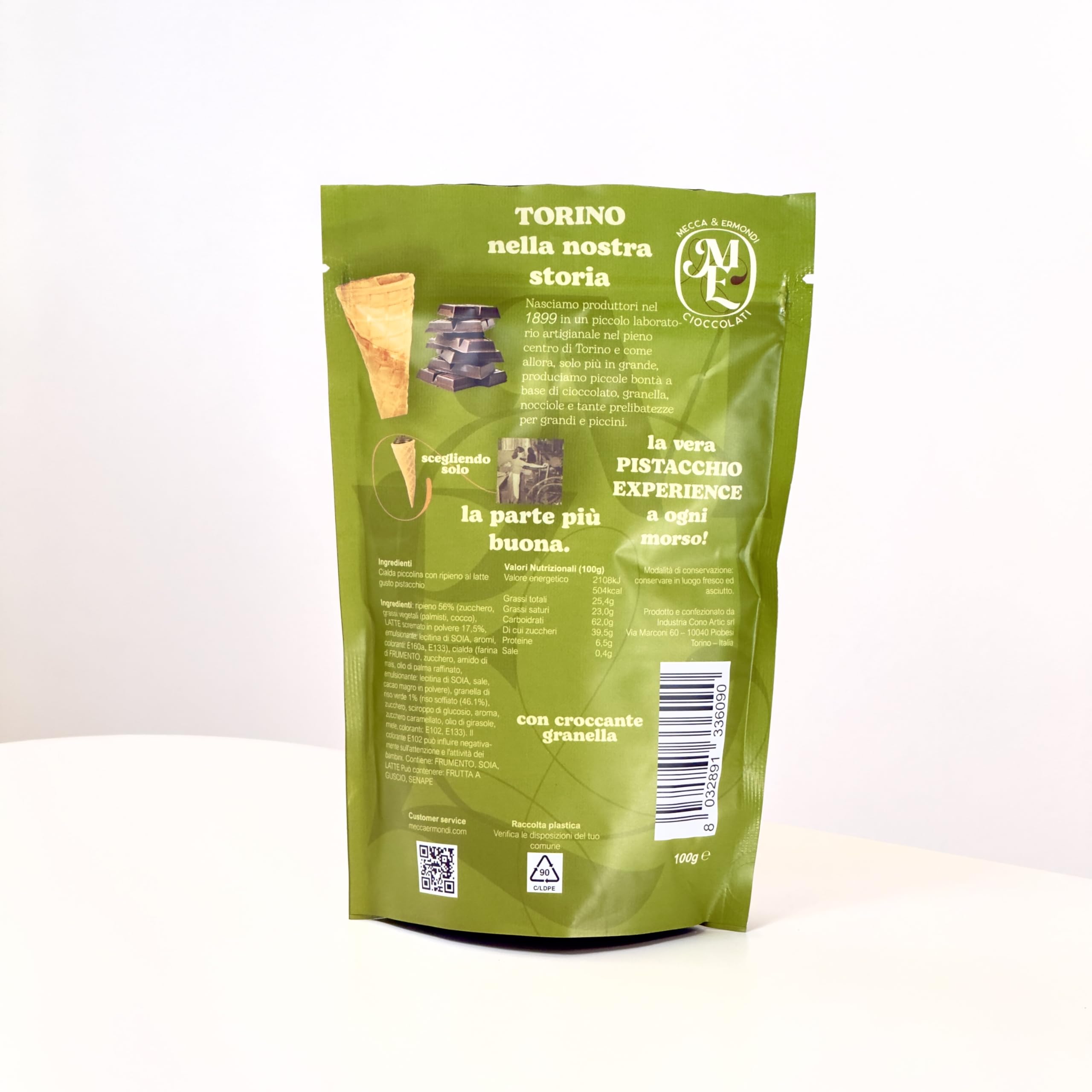Mecca & Ermondi Set da 8 pacchi Cialda Piccolina Wafer Ripieni al Pistacchio con Croccante, 100g