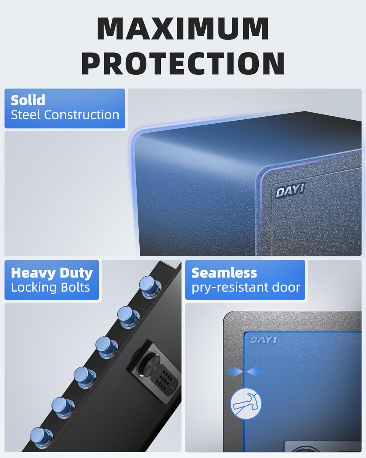 Image illustrating the solid steel construction, heavy-duty locking bolts, and seamless pry-resistant door of the DAYI Safe Box.