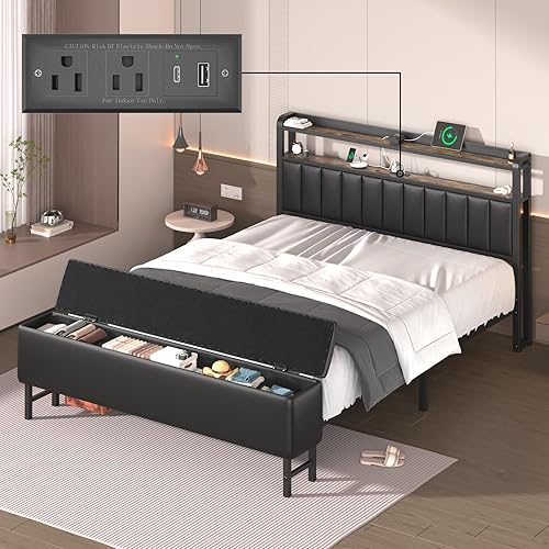 Miniatura 7 de Estructura de cama de tamaño completo con cabecera y proyector de estrellas, estructura de cama tapizada en metal con estación de carga, estructura