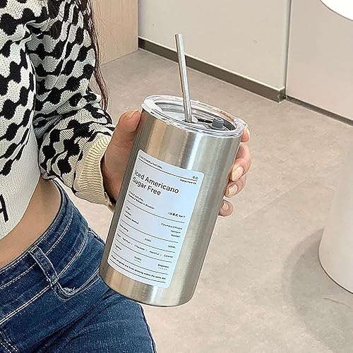 Miniatura 3 de Vaso térmico creativo americano helado, vaso de acero inoxidable con tapa y pajita, taza de café de viaje para hombres y mujeres (20 onzas, plateado)