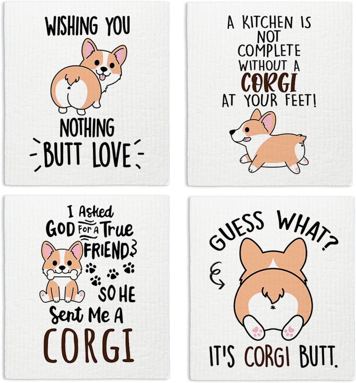 Dog Corgi Swedish Dishcloths for Kitchen, Papaya Reusable Paper Towels, 4 Pack Watercolor Dish Towels for Kitchen, Swedish Dish Cloths, Reusable Paper Towels Washable