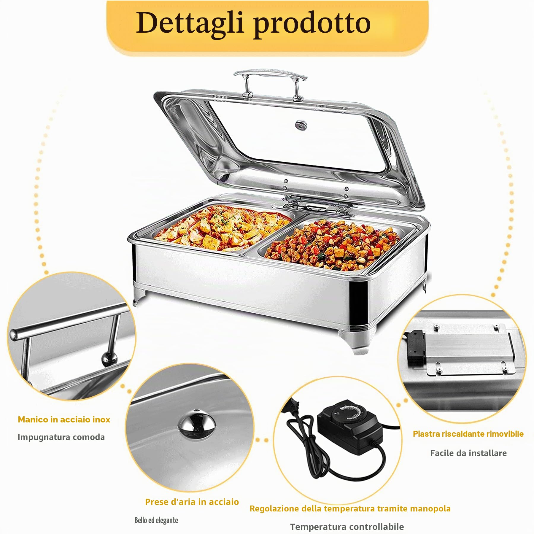 Chafing Dish Elettrico, 9L Scaldavivande Elettrico per Buffet(1/3) | Contenitore Scalda Cibo Professionale con Coperchio in Vetro per Feste e Banchetti, Temperatura Regolabile (0-85℃)
