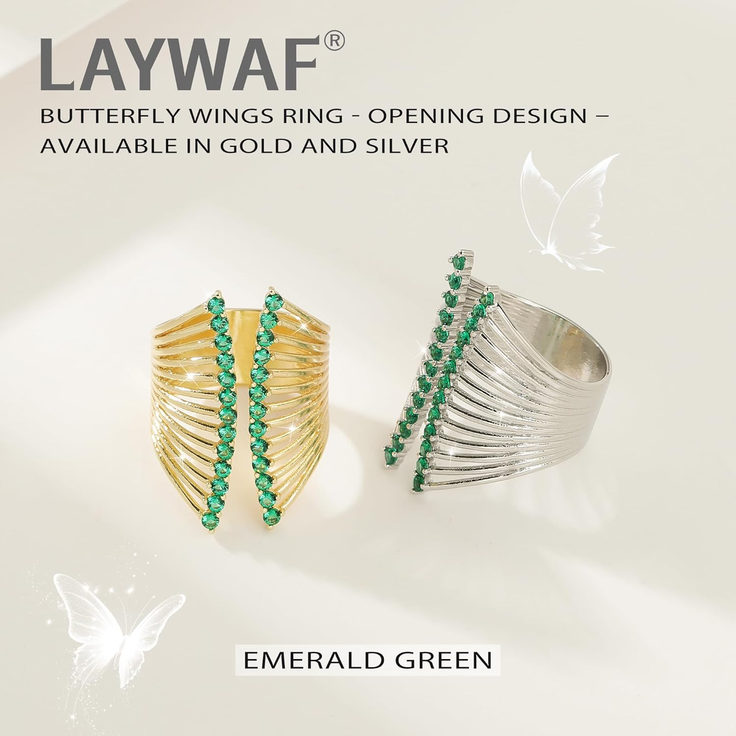 Rhinestone Butterfly Rings for Women, Cubic Zirconia Fake Diamond Adjustable Thumb Ring, Chunky Vintage Gemstone Rings, Available in Gold Plated and Silver Plated - Image 5