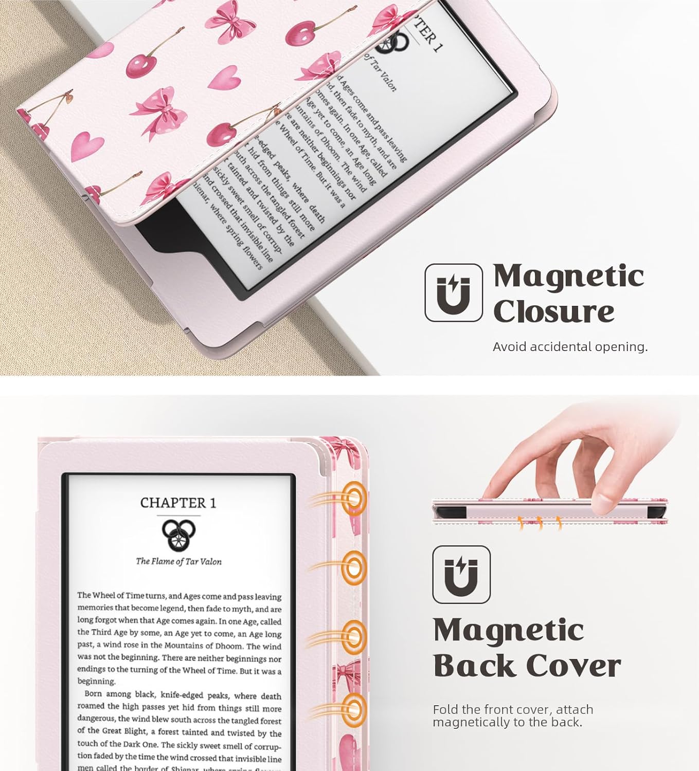 MoKo Case for 6" All-New eBook(11th Generation-2024/2022), Lightweight Shell Cover with Hand Strap Auto Wake/Sleep for E-Reader 11th Gen. 2024, Not fit Kobo Aura 2/Remarkable, Cherry Bow