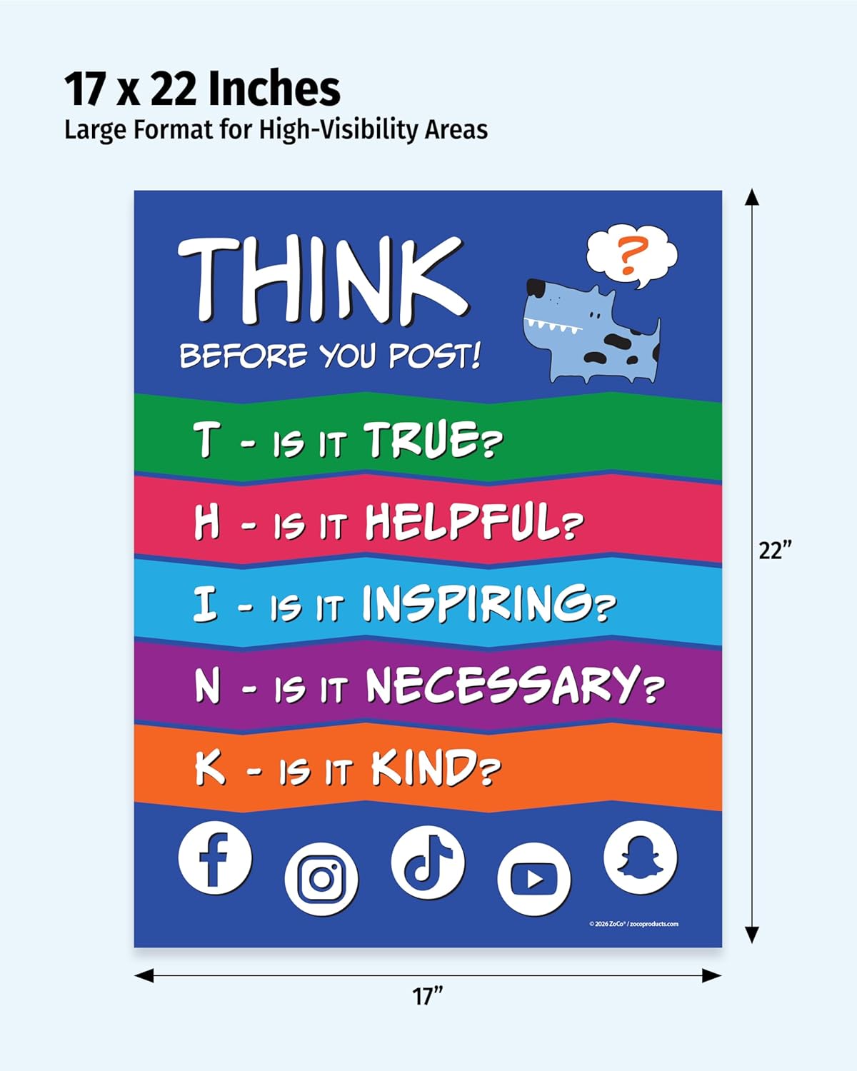 Safety Magnets THINK Before You Post Poster (20 Pack) — Stop Bullying, Kindness, Growth Mindset, Middle School Classroom Posters — Laminated, 17 x 22