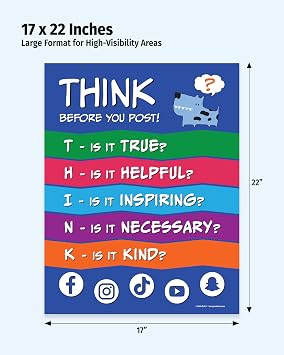 ZOCO THINK Before You Post Poster Stop Cyberbullying & Encourage Kindness Growth Mindset & Digital Citizenship Chart Laminated 17x22 Middle School Classroom Decor for Teachers