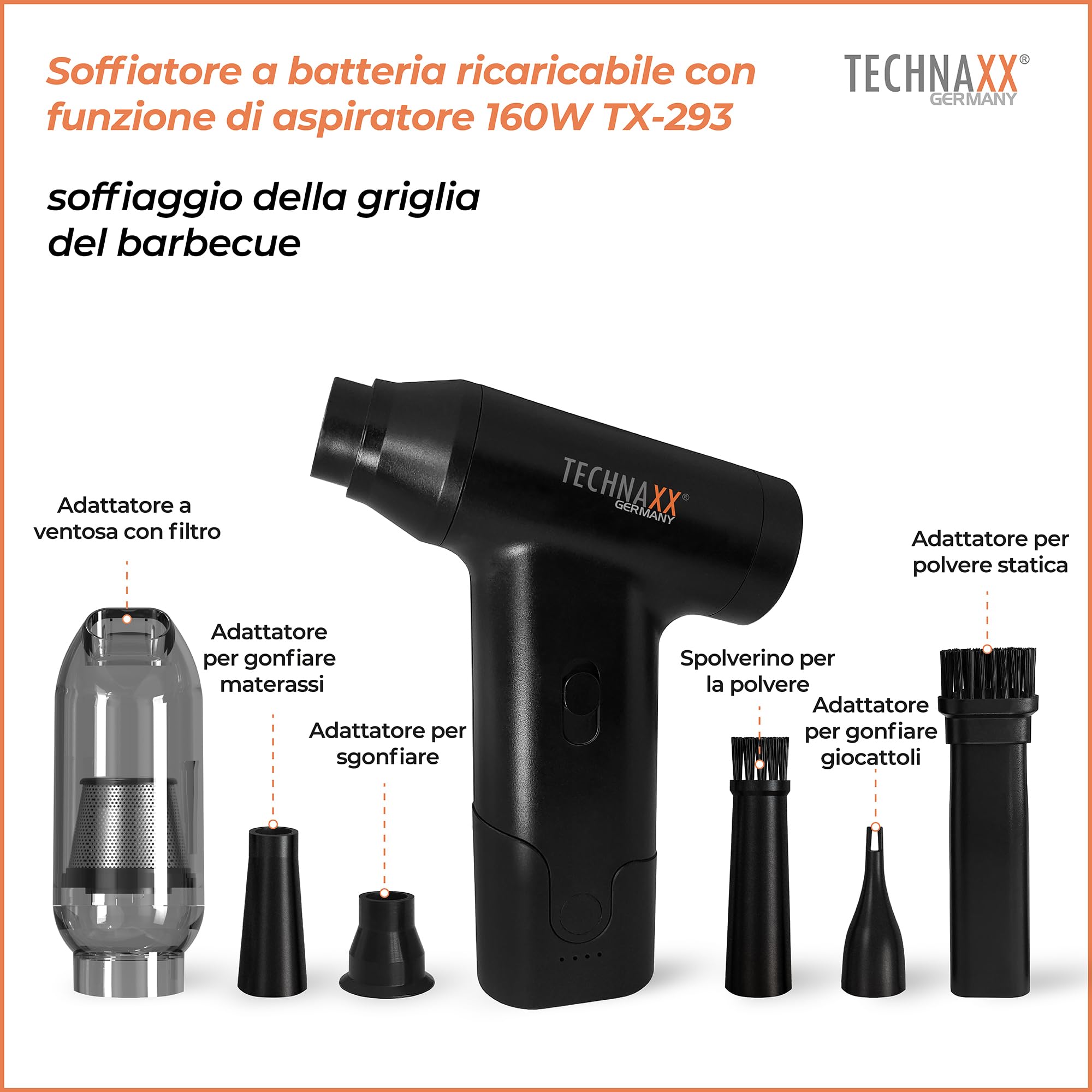 Technaxx TX-293, aspirapolvere portatile a batteria con spolverino d'aria, aspiratore elettrico ricaricabile da 160 W - Controllo continuo della velocità, 5 accessori versatili - Ideale per auto, tast