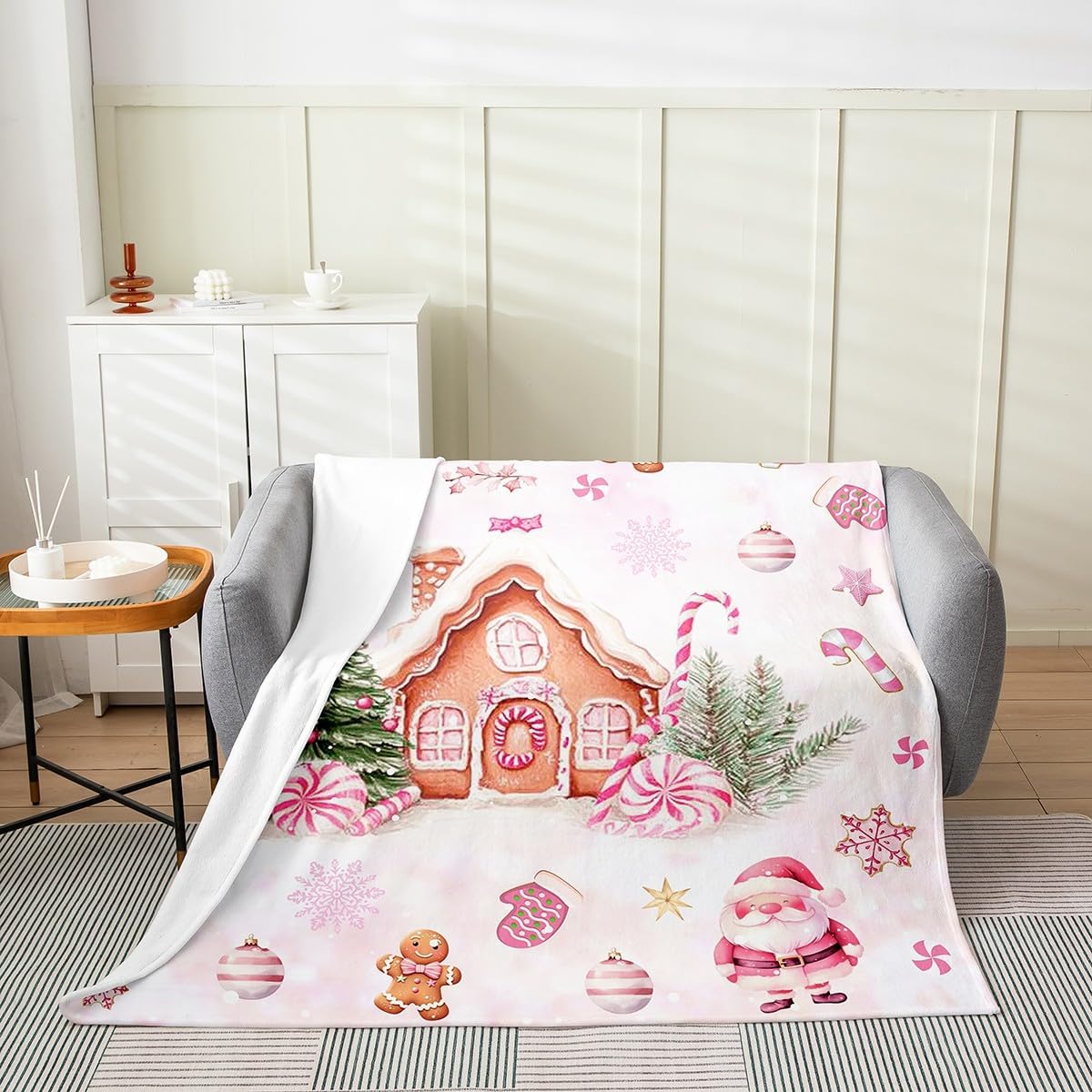 Manfei Pink Christmas Flannel Blanket for Kids Adults,Cartoon Gingerbread House Flannel Fleece Blanket Throw 50"x60",Watercolor Santa Snowman Bed Sofa Couch Blankets,Dreamy Pink Tie Dyed Warm Blanket