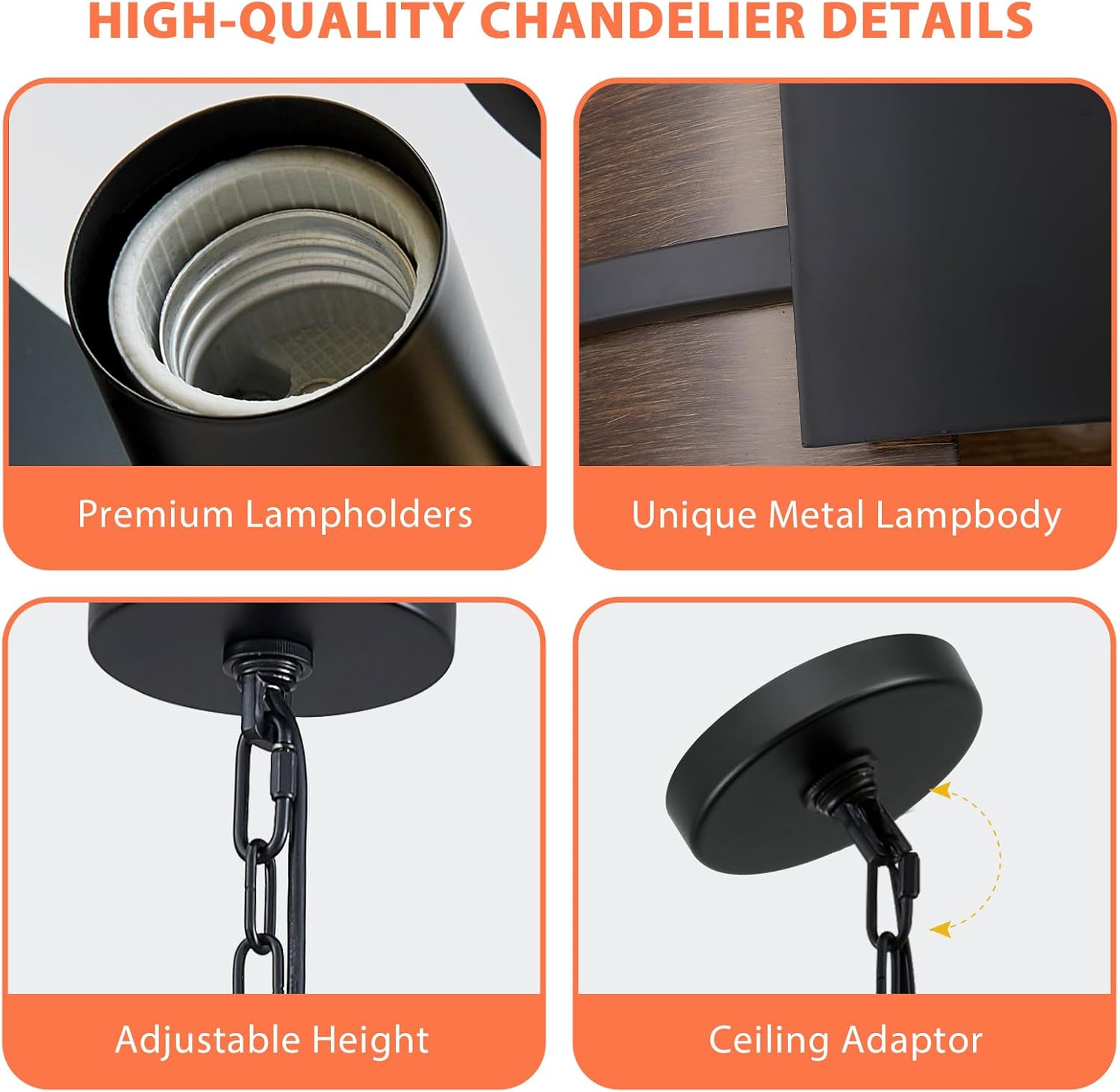 Modern Farmhouse Chandelier 19.7" Industrial Drum Pendant Lighting Fixture Large 4-Light Black Walnut Grain Finish for Dining Room Kitchen Island Office Living Room