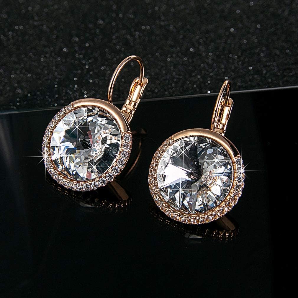 Round Austrian Crystal Halo Drop Leverback Earrings for Women 14K Gold Plated Hypoallergenic Earrings - Image 3