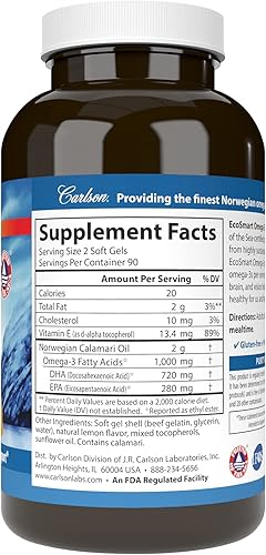 Miniatura 2 de Carlson - EcoSmart Omega-3, 1000 mg de Omega-3, fuente sostenible, salud cardíaca, función cerebral y soporte de la visión, limón, 180 cápsulas