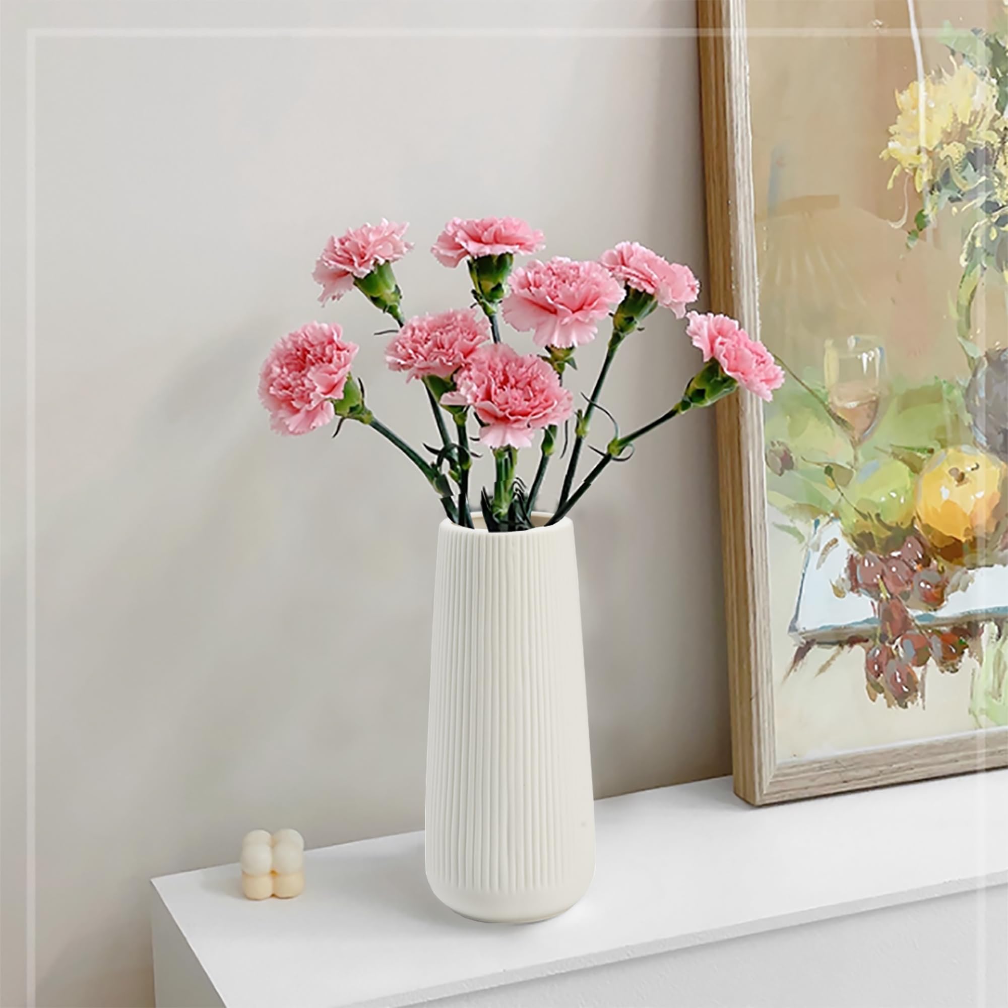 Jarrón de cerámica para flores, jarrón de cerámica acanalado blanco para decoración del hogar, jarrón minimalista nórdico para hierba de pampas, jarrones de flores para cocina, sala de estar 4
