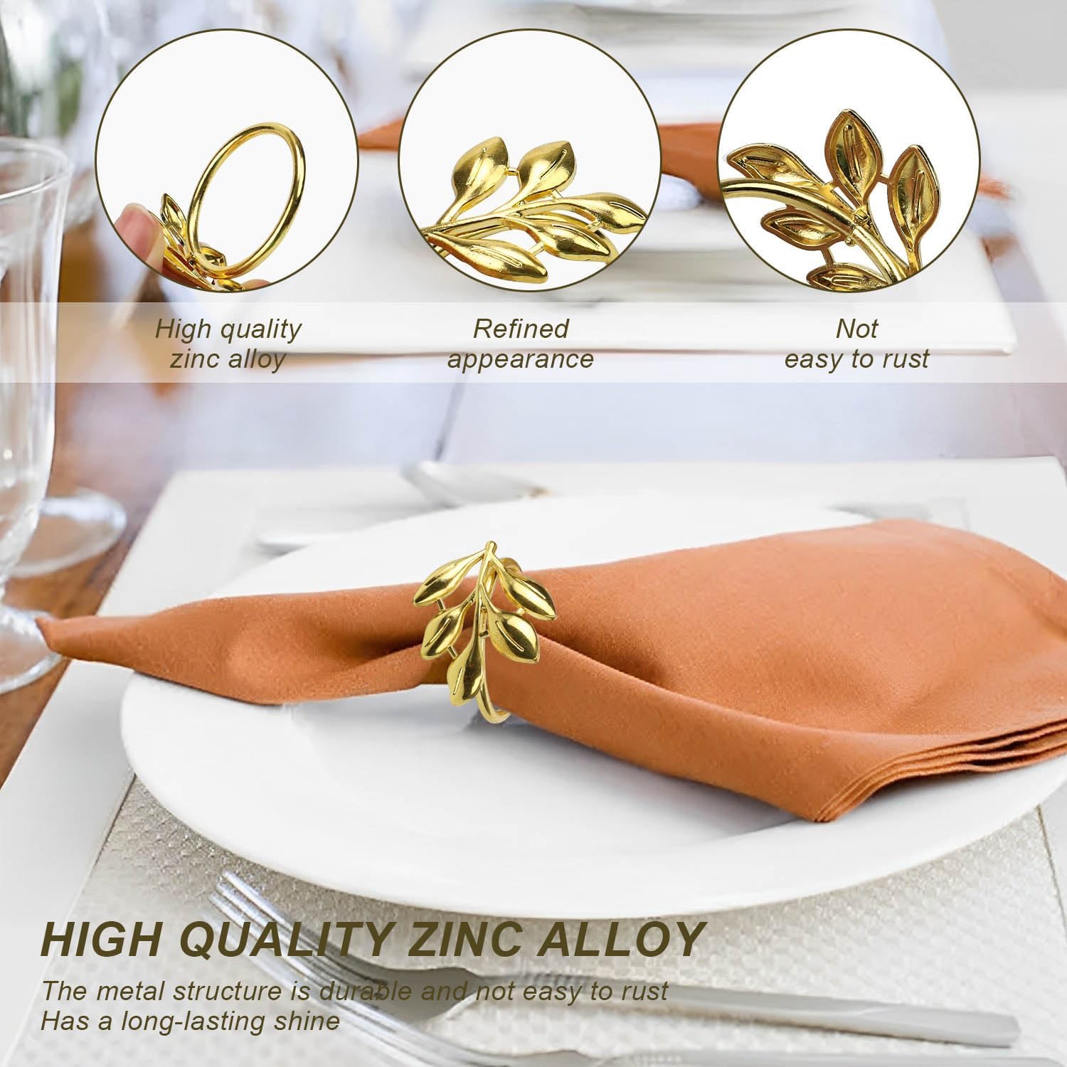 20 Ronds De Serviette En Métal Doré Forme Feuille - Anneaux Serviette De Table Pour Décoration Mariage, Fête, Noël (Alliage Zinc)