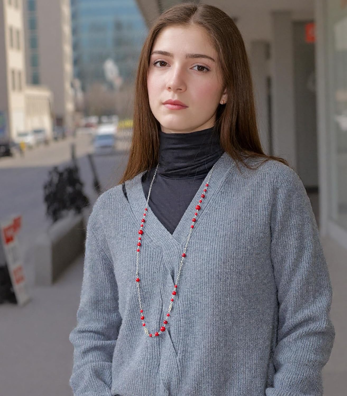 Long Beaded Silver Necklaces for Women Layered Long Statement Necklace with Stone Pearl Beads Double Sweater Chain Costume Jewelry for Women - Image 5