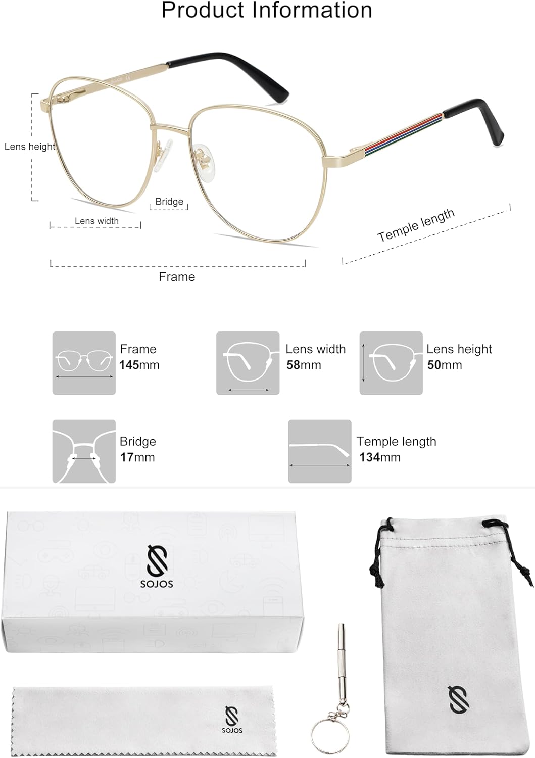 SOJOS Oversized Aviator Blue Light Blocking Glasses for Women Men, Metal Frame Clear Lens Eyeglasses SJ5098 Gold image 6 of 6 B08R87ZNC7