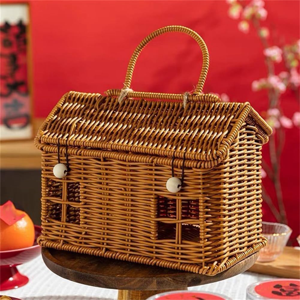 Cesto in Rattan A Forma di Casa con Coperchio e Manico Pieghevole per PIC-Nic, Pasqua, Organizzazione, e Conservazione