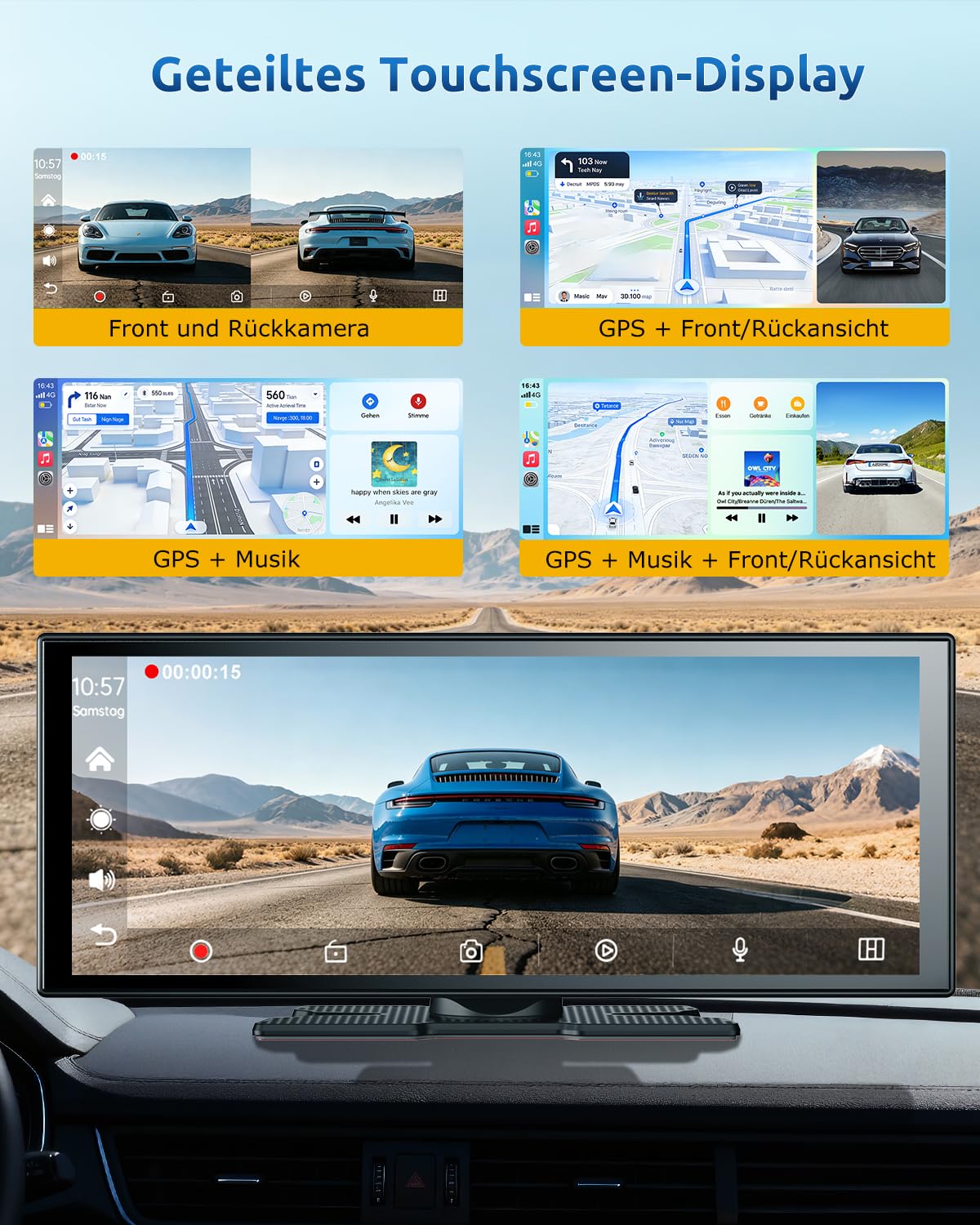 ESSGOO 11 Zoll CarPlay Android Auto Display Wireless,4K 360° Fahrzeugkamera | Apple CarPlay Bildschirm,1920×720 Touchscreen,1080P Rückfahrkamera,Bluetooth 5.3,Mirror Link,GPS,Sprachsteuerung,Autoradio