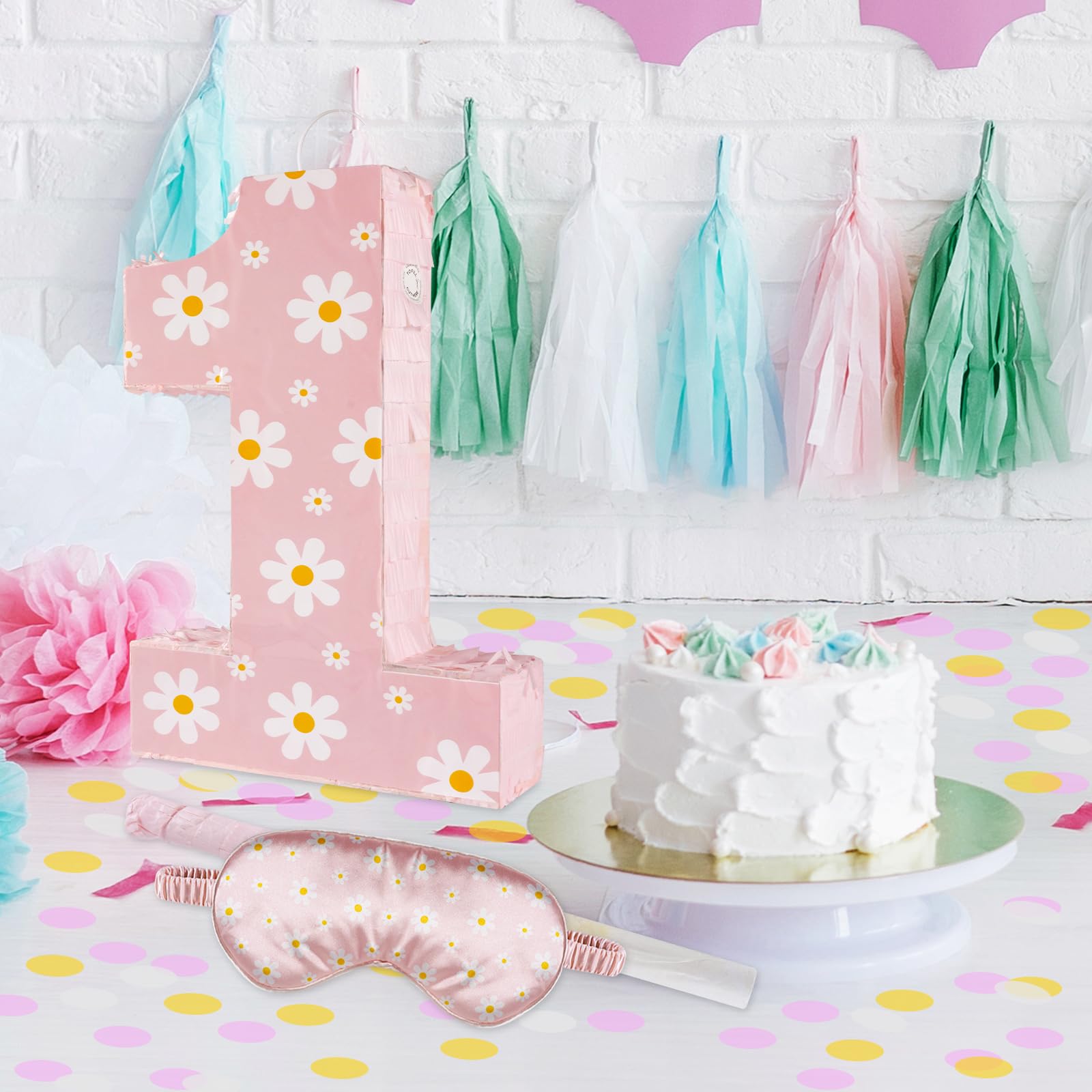 Décorations d'anniversaire en forme de marguerite – Piñata chiffre 1 avec bâton pour les yeux – Confetti pour les yeux – Fournitures de fête d'anniversaire bohème (marguerite 1)
