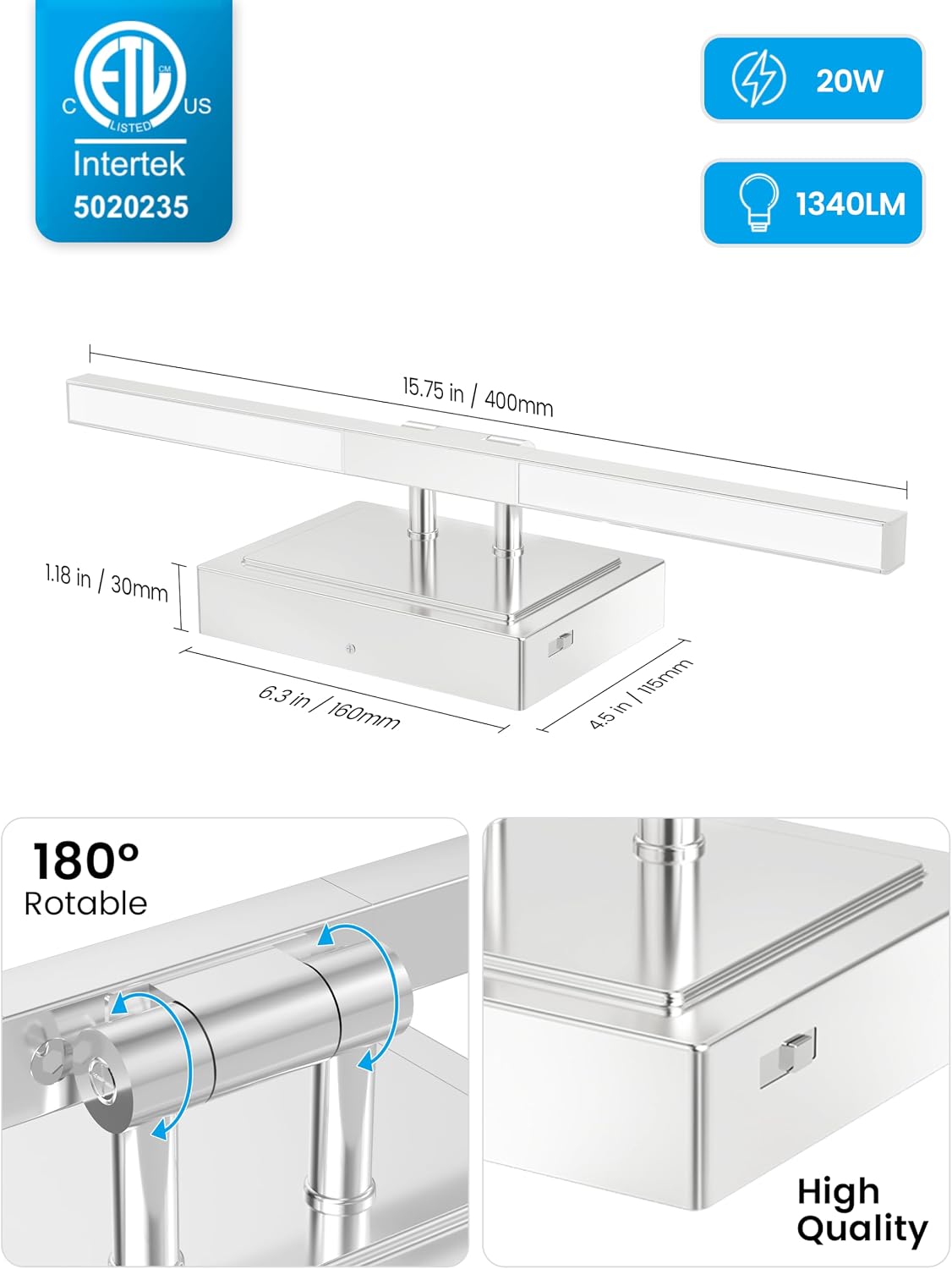 NIORSUN 15.7 Inch Modern Bathroom Light Fixture, 20W 5CCT Dimmable LED Chrome Bathroom Vanity Lights Over Mirror, Vanity Lights for Bathrooms Restroom Mirror- ETL Certified