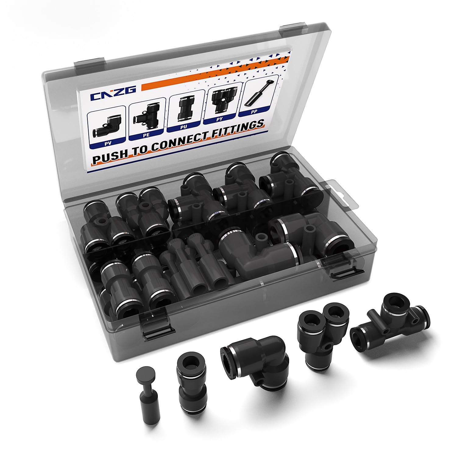 CNZG PNEU 25pcs 3/8" Push to Connect Fittings, 3/8 inch OD Dot Air Line Fittings Pneumatic Air Hose Tubing Quick Connects Kit (Tee, Straights, Elbow,