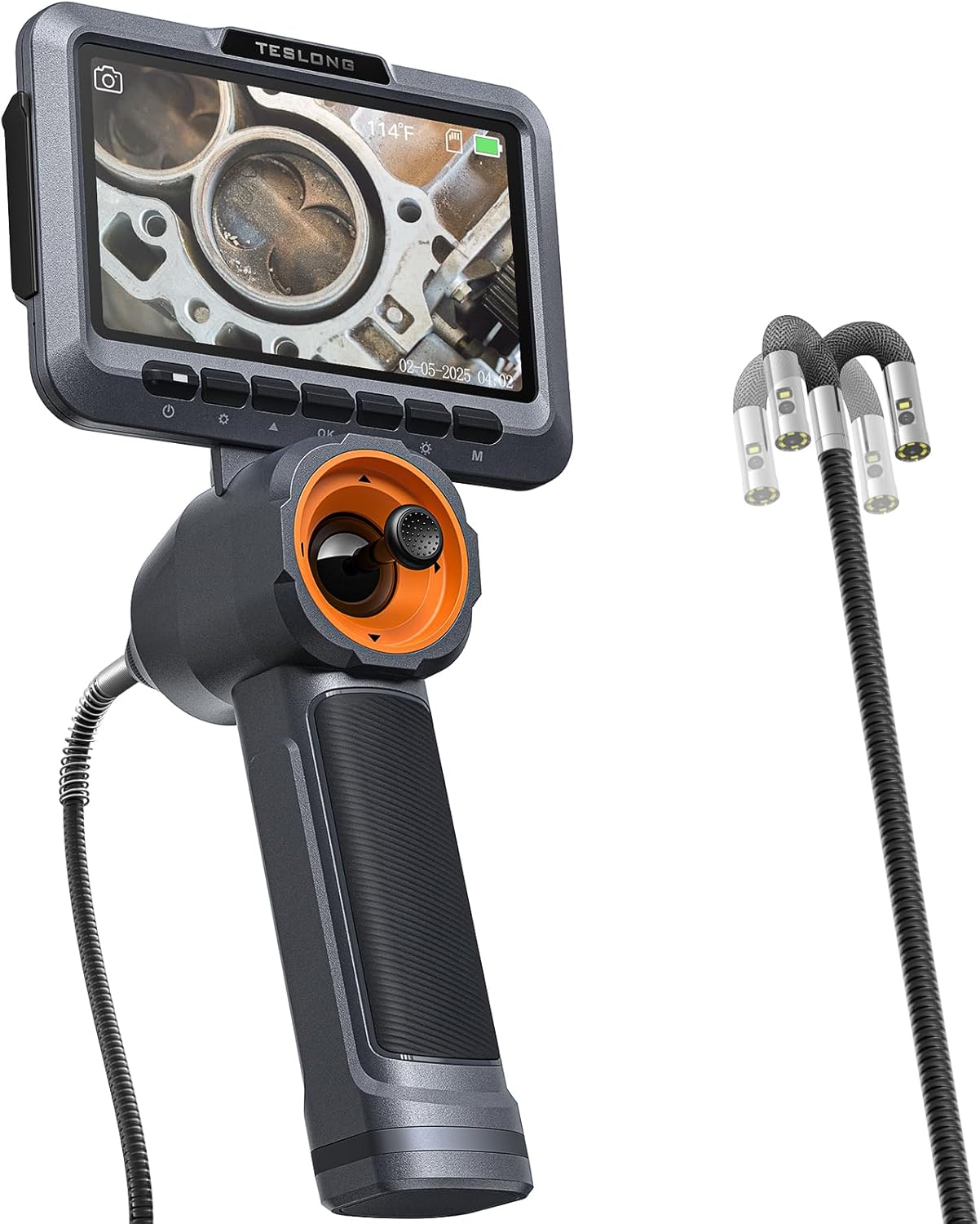Teslong Dual Lens 360 Articulating Borescope with Light, 5” Monitor Industrial Inspection Camera with 4-Way Joystick Articulation, HD Endoscope Camera for Automotive and Mechanics (0.24inch-5FT)