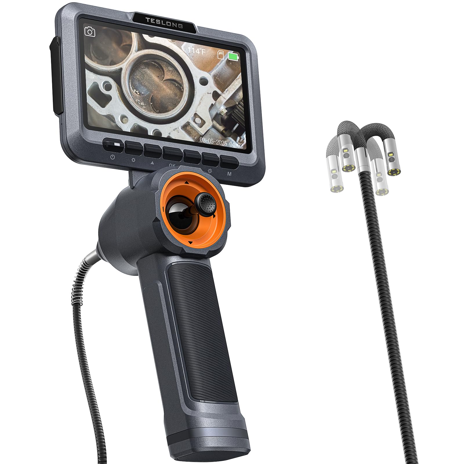 Teslong Dual Lens 360 Articulating Borescope with Light, 5'' Monitor Industrial Inspection Camera with 4-Way Joystick Articulation, HD Endoscope Camera for Automotive and Mechanics (0.24inch-5FT)
