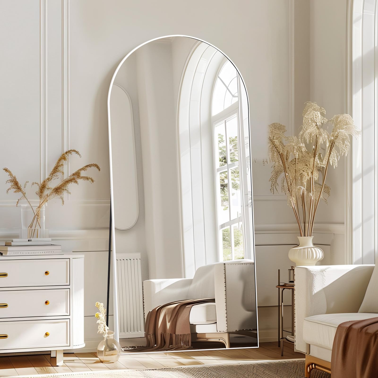 MELOMOIR 71"x32" Arched Large Mirror Full Length, Free Standing Leaning or Hanging, Thin Aluminum Frame, Tempered Glass, Suitable for Living Room Bedroom Cloakroom Hallway Home Gym, White
