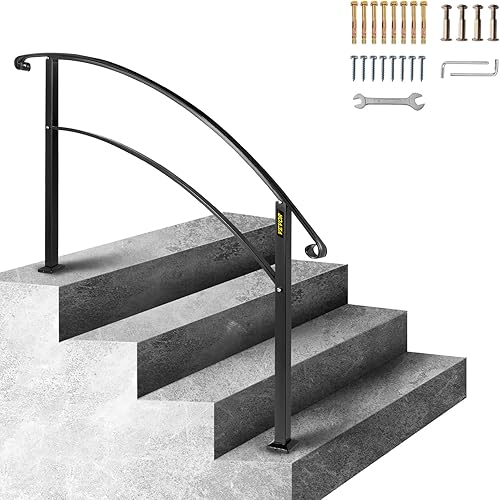 Miniatura 28 de VEVOR Pasamanos de escalera de metal ajustable para escalones al aire libre, 2-3 escalones, arco negro #1, barandillas gruesas para escaleras