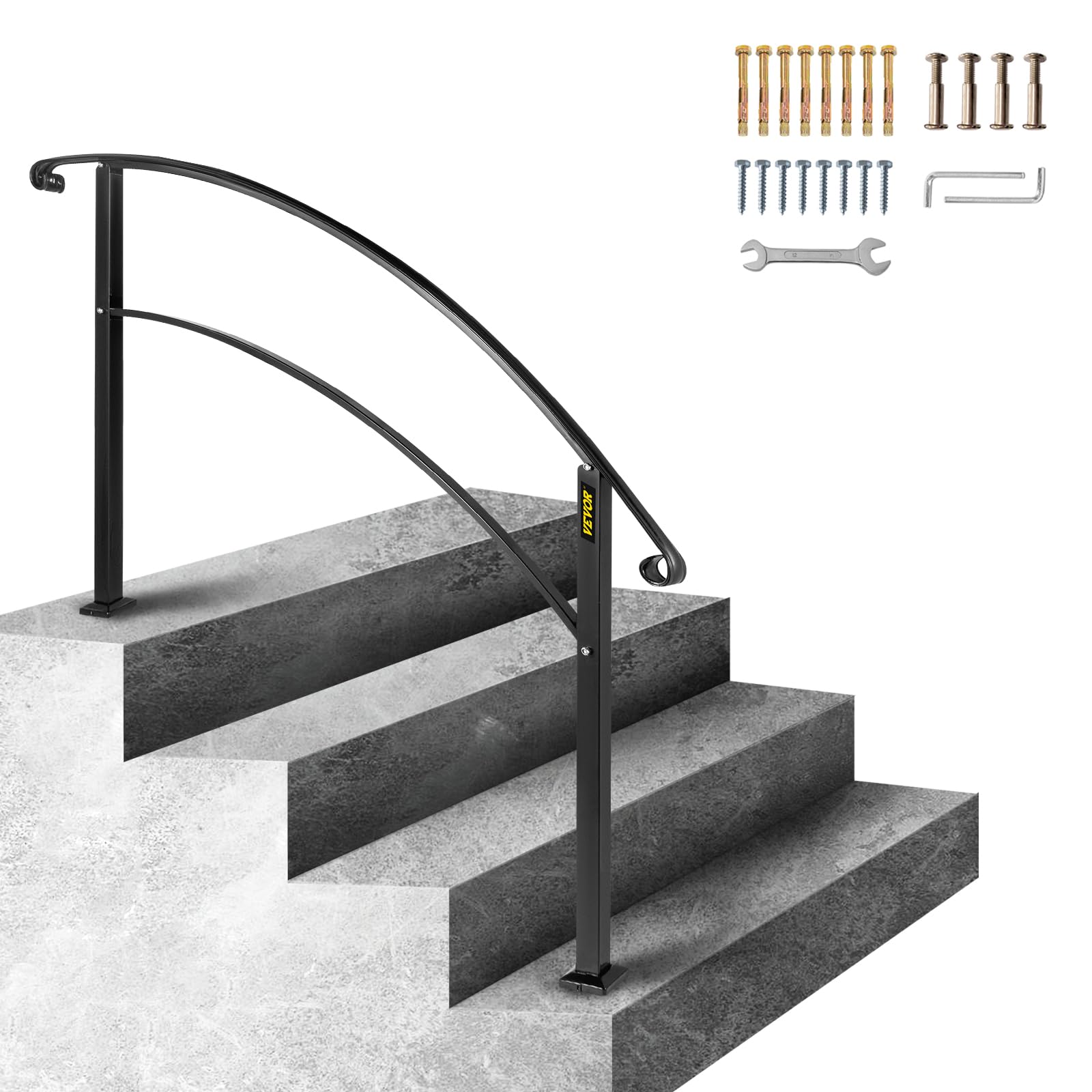VEVOR Outdoor Steps Handrail, Black Arch#1 Adjustable Metal Staircase Railing for Porch & Deck