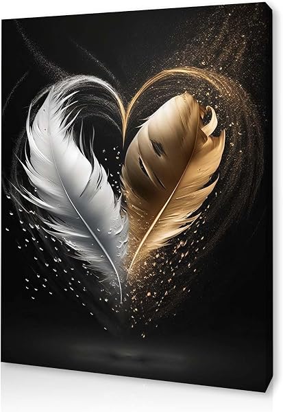 Qiukoo Framed Canvas Wall Art – Gold and Black Feather Heart Artwork, Waterproof Modern Print with Hook, Wall Decoration for Living Room or Bedroom, Elegant Pictures for Bedroom Walls – 12x16 Inch - 1