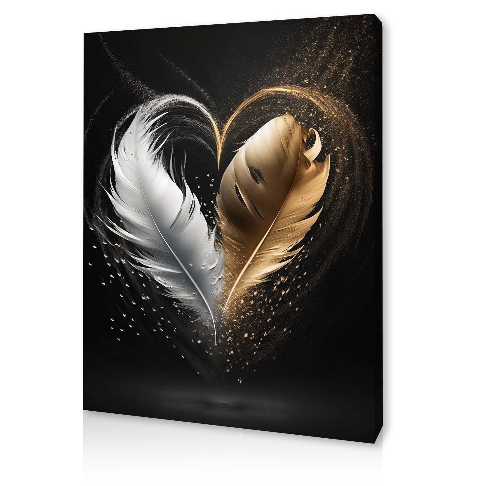 Qiukoo Framed Canvas Wall Art, Gold and Black Feather Heart Artwork, Waterproof Modern Print with Hook